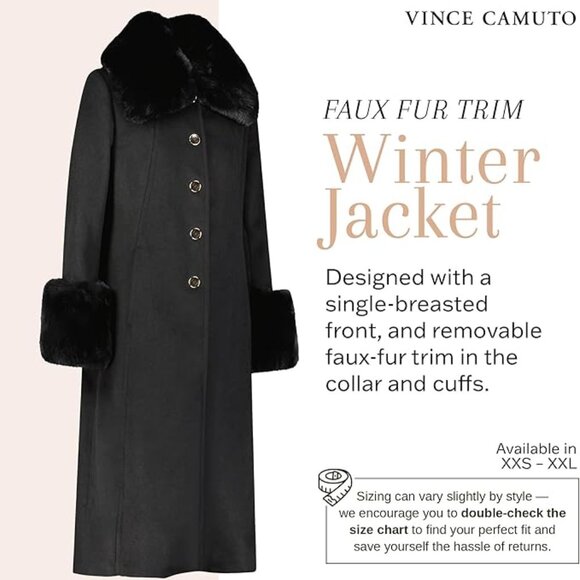 Vince Camuto black wool blend coat with removeable faux fur collar and cuffs M - Picture 2 of 15
